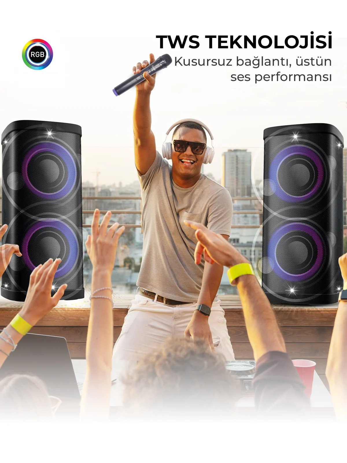 40W 2x6.5İnç Woofer 2x2.5İnç Tweeter Rgb Renkli Mikrofonlu Dev Büyük Boy Karaoke Bluetooth Hoparlör - Görsel 7