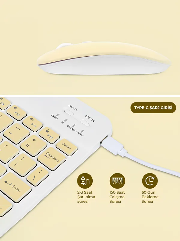 10 İnç Mini Taşınabilir Bluetooth Klavye Mouse Set Android/iOS/Windows Uyumlu Kablosuz Klavye Mouse - Görsel 23