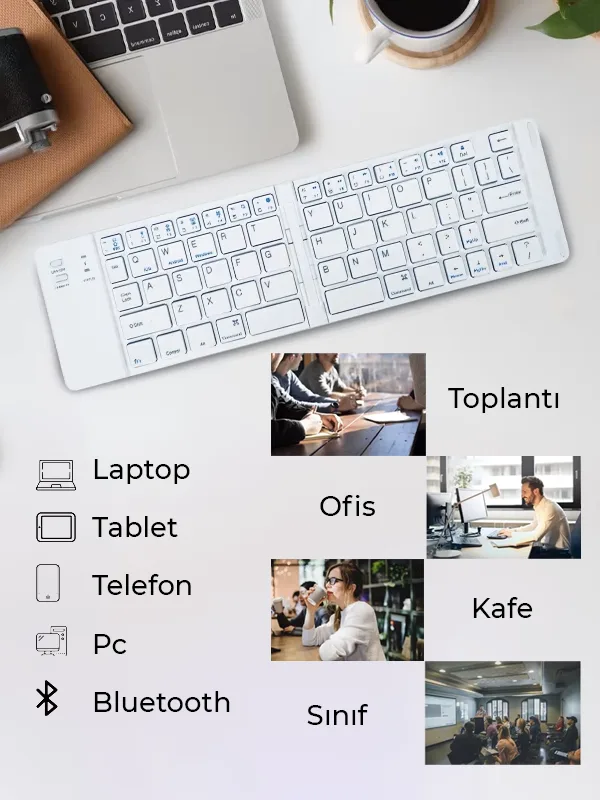 Ultra ince Katlanabilir Android/iOS/Windows Uyumlu Kablosuz Bluetoothlu Klavye - Görsel 13