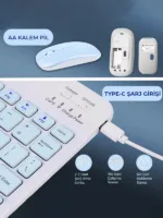 10 İnç Mini Taşınabilir Bluetooth Klavye Mouse Set Android/iOS/Windows Uyumlu Kablosuz Klavye Mouse - Görsel 29