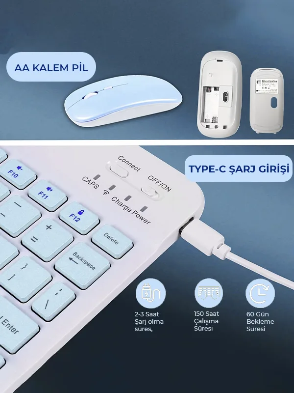 10 İnç Mini Taşınabilir Bluetooth Klavye Mouse Set Android/iOS/Windows Uyumlu Kablosuz Klavye Mouse - Görsel 29