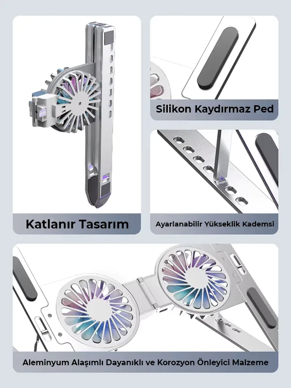 RGB Işıklı Çift Fanlı Hız Ayarlı Aleminyum Laptop Standı Ayarlanabilir Yükseklik 7 Kademeli - Görsel 8