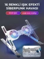 RGB Işıklı Çift Fanlı Hız Ayarlı Aleminyum Laptop Standı Ayarlanabilir Yükseklik 7 Kademeli