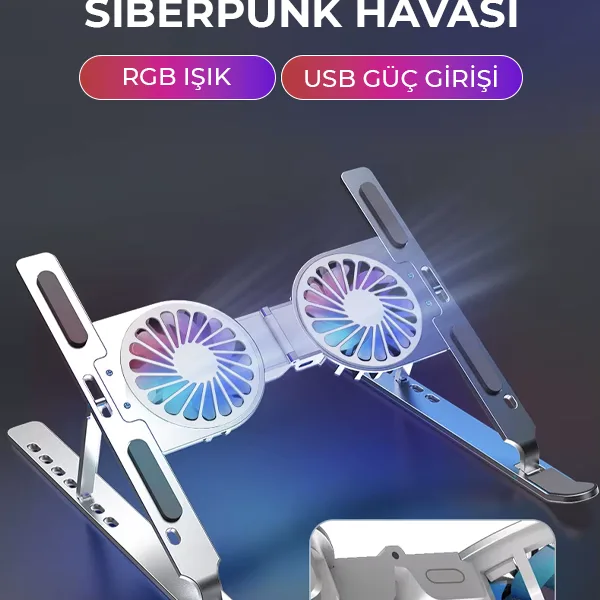 RGB Işıklı Çift Fanlı Hız Ayarlı Aleminyum Laptop Standı Ayarlanabilir Yükseklik 7 Kademeli
