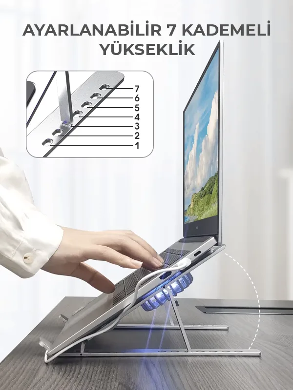 RGB Işıklı Çift Fanlı Hız Ayarlı Aleminyum Laptop Standı Ayarlanabilir Yükseklik 7 Kademeli - Görsel 6