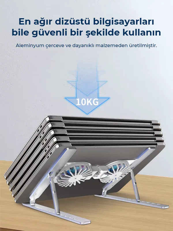 RGB Işıklı Çift Fanlı Hız Ayarlı Aleminyum Laptop Standı Ayarlanabilir Yükseklik 7 Kademeli - Görsel 4
