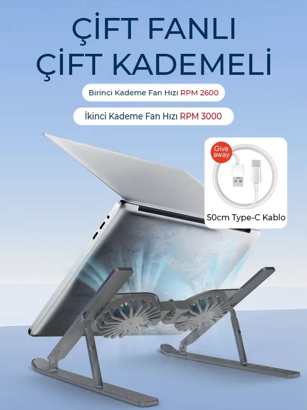 RGB Işıklı Çift Fanlı Hız Ayarlı Aleminyum Laptop Standı Ayarlanabilir Yükseklik 7 Kademeli - Görsel 2