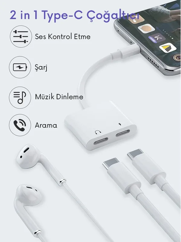 Çift Type-C Dönüştürücü | Şarj + Kulaklık Kullanımı | Hi-Fi Ses Destekli | Tak & Çalıştır - Görsel 2