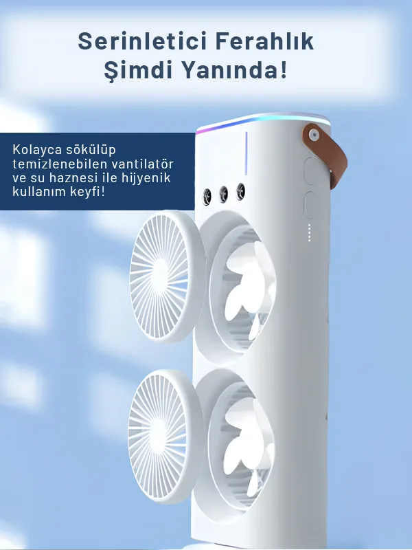 Su Hazneli Buzlu Masaüstü Vantilatör Çift Fan 3 Fan Modu 90° Salınım LED Işık Uzaktan Kumanda - Görsel 2