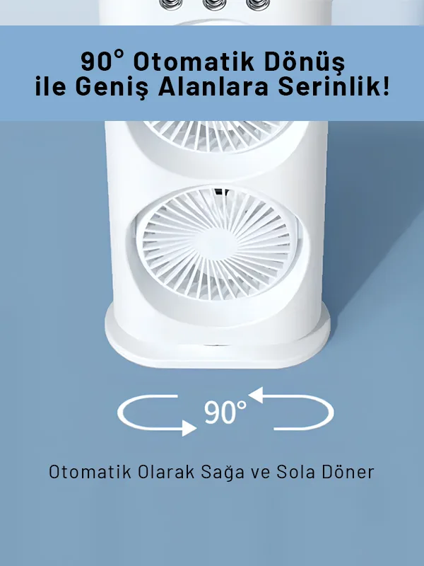 Su Hazneli Buzlu Masaüstü Vantilatör Çift Fan 3 Fan Modu 90° Salınım LED Işık Uzaktan Kumanda - Görsel 10