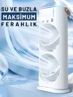 Su Hazneli Buzlu Masaüstü Vantilatör Çift Fan 3 Fan Modu 90° Salınım LED Işık Uzaktan Kumanda - Görsel 8
