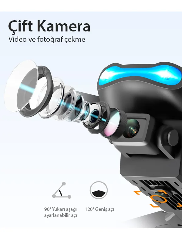 Çift Kameralı Katlanabilir Drone – Otomatik Kalkış/İniş, 360° Takla, Yedek Batarya & Aksesuarlar - Görsel 7