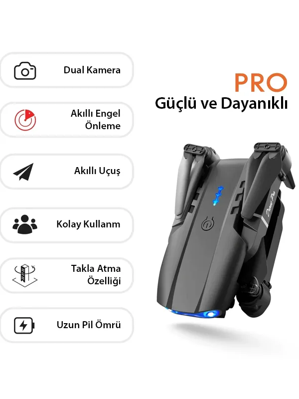 Çift Kameralı Katlanabilir Drone – Otomatik Kalkış/İniş, 360° Takla, Yedek Batarya & Aksesuarlar - Görsel 3
