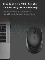 Kablosuz Bluetooth Usb dongle Mouse Çift Mod Şarjlı Optik Sensör Tüm Cihazlara Uyumlu - Görsel 8
