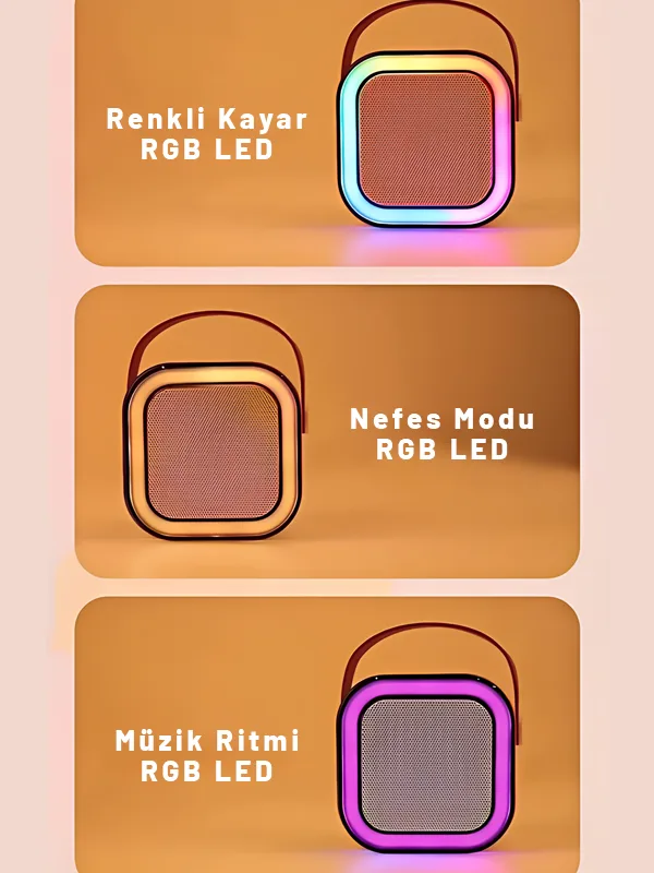 RGB Işıklı Bluetooth Karaoke Hoparlör Kablosuz Şarjlı Mikrofon Pembe - Görsel 3