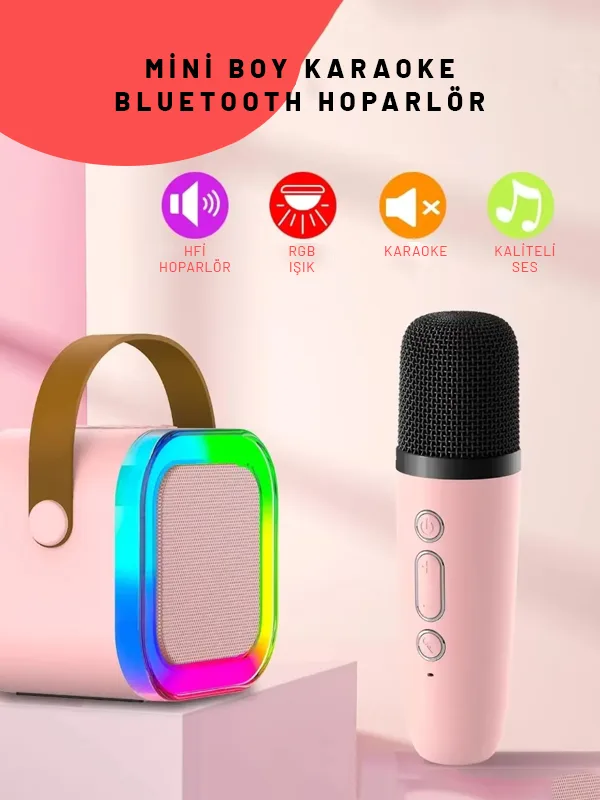 RGB Işıklı Bluetooth Karaoke Hoparlör Kablosuz Şarjlı Mikrofon Pembe - Görsel 2