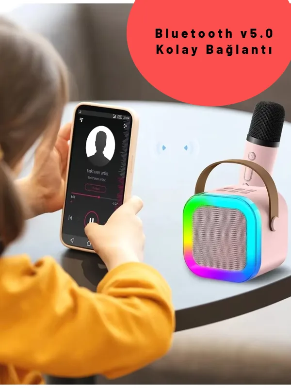 RGB Işıklı Bluetooth Karaoke Hoparlör Kablosuz Şarjlı Mikrofon Pembe - Görsel 4