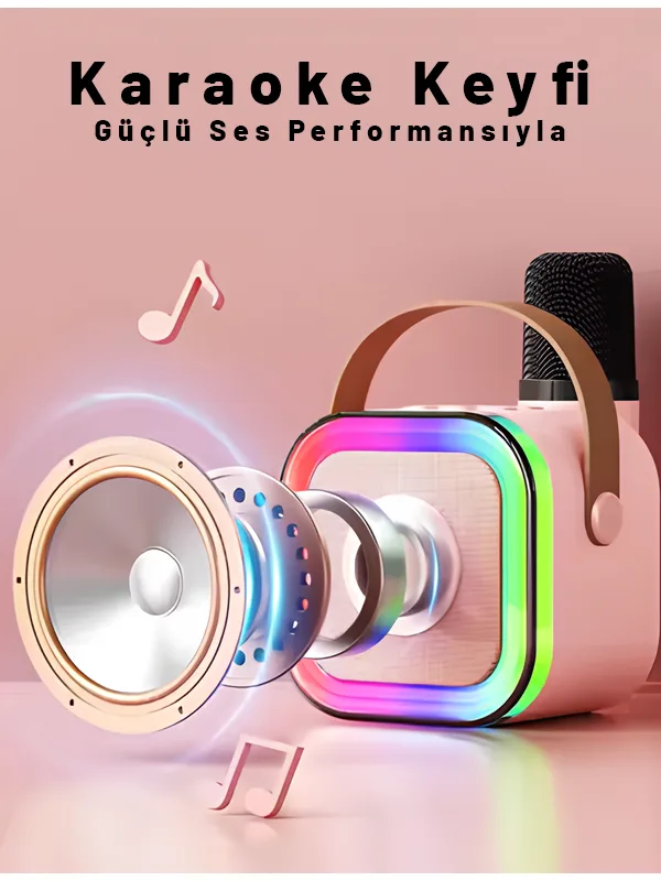 RGB Işıklı Bluetooth Karaoke Hoparlör Kablosuz Şarjlı Mikrofon Pembe - Görsel 5