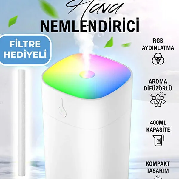 Araç İçi ve Masaüstü RGB Işıklı Mini Hava Nemlendirici USB Ultrasonik Buhar Makinesi Koku Difüzörü