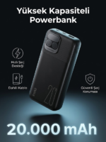 20.000 mAh 22.5W Hızlı Şarj Powerbank - Kendinden Kablolu (Type-C & Lightning) Watt Göstergeli Dijital Ekranlı Taşınabilir Şarj Cihazı