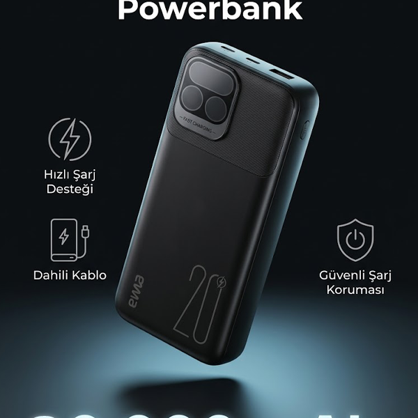 20.000 mAh 22.5W Hızlı Şarj Powerbank - Kendinden Kablolu (Type-C & Lightning) Watt Göstergeli Dijital Ekranlı Taşınabilir Şarj Cihazı